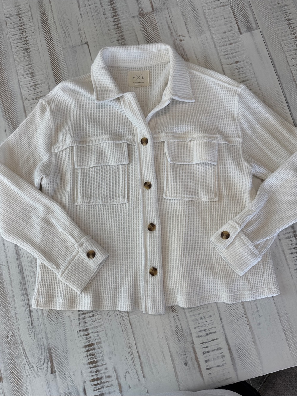 White Waffle-Knit Utility Jacket with Front Pockets